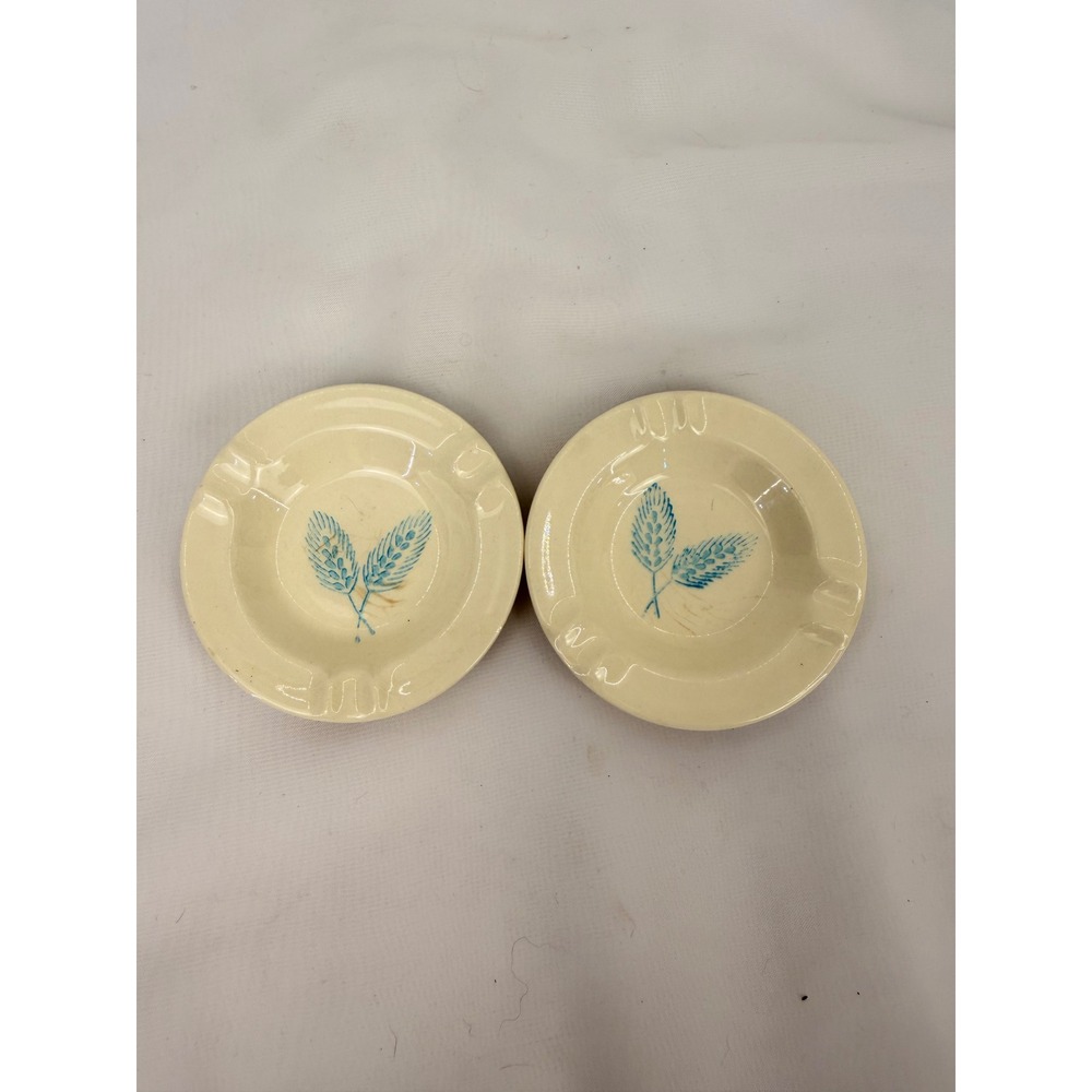 Vintage Ceramic Ashtray Set of 2 Blue Wheat Cream Glaze Mid Century Farmhouse